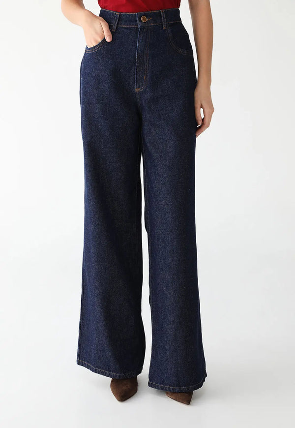 Wide Leg Plain Blue Jeans